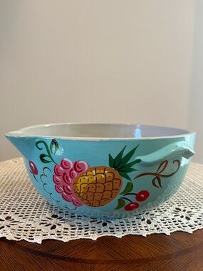 VTG RANSBURG Hand Painted Fruit Turquoise Mixing Bowl Spout Handles 9”